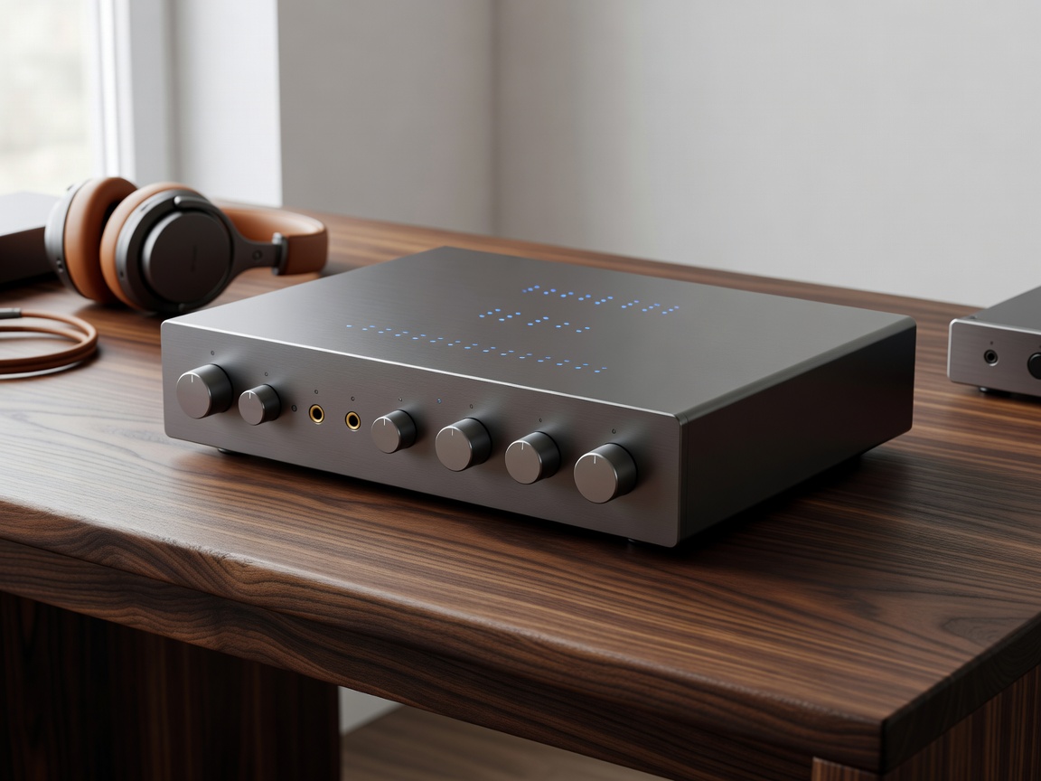High-End externer Digital-Analog-Wandler DAC und Kopfhörerverstärker auf Holzschreibtisch