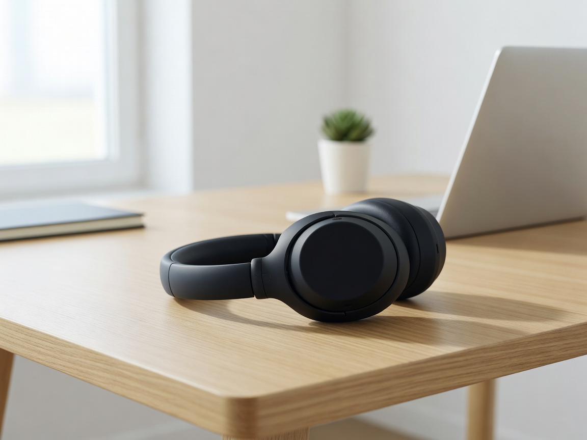 Sony WH-1000XM5 schwarzer Noise-Cancelling-Kopfhörer auf Schreibtisch